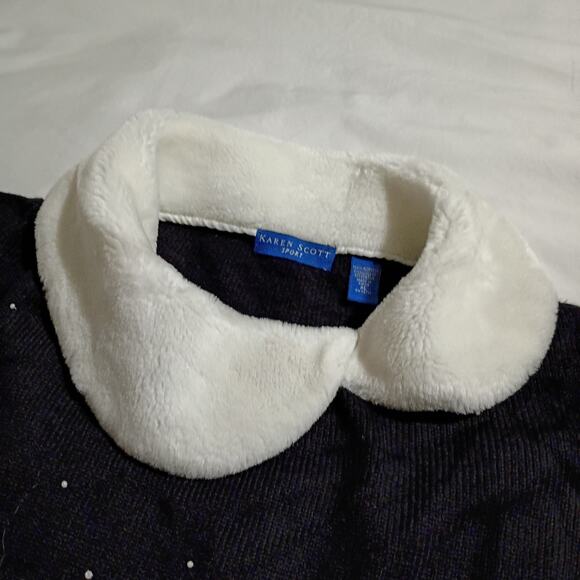 Christmas Sweater XL Black BEADED Holiday Scene Faux Fur Neck Mini-Ribbed Knit - Picture 5 of 10